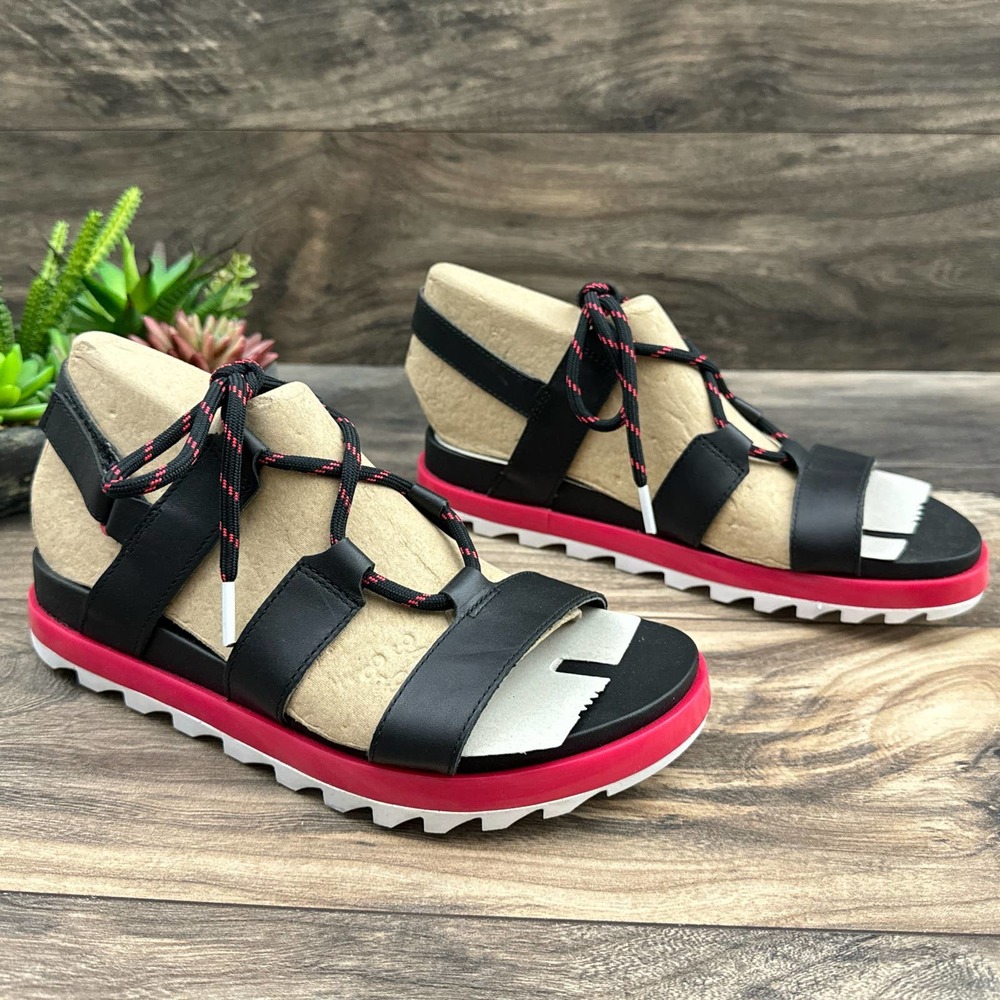 NIB Sorel Roaming Lace 7.5 Slingback Gladiator Flat Leather Sandals Black Pink - Picture 5 of 12